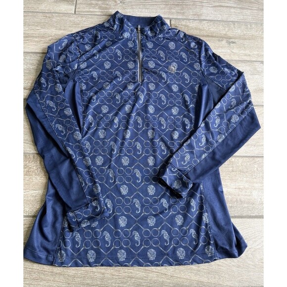 Romfh Ladies Chill Factor Long Sleeve 1/4 Zip Blue Shirt Large Seahorse Shells - Picture 1 of 7